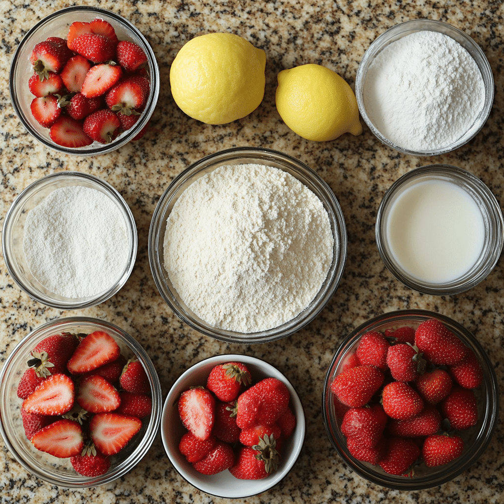 Overhead view of flour, sugar, yeast, milk, butter, strawberries, and powdered sugar for strawberry rolls