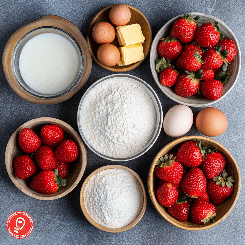 Overhead view of ingredients for making strawberry rolls with vanilla glaze