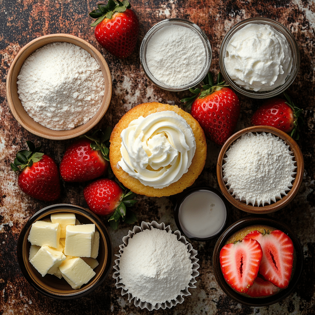 Ingredients for strawberry shortcake cupcakes including flour, strawberries, sugar, and butter