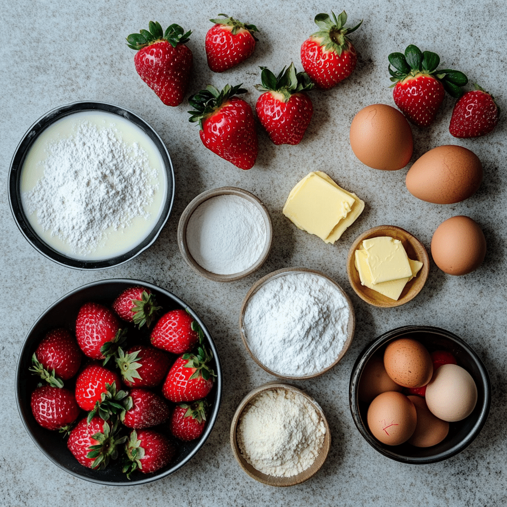 Overhead view of ingredients for strawberry yogurt cake