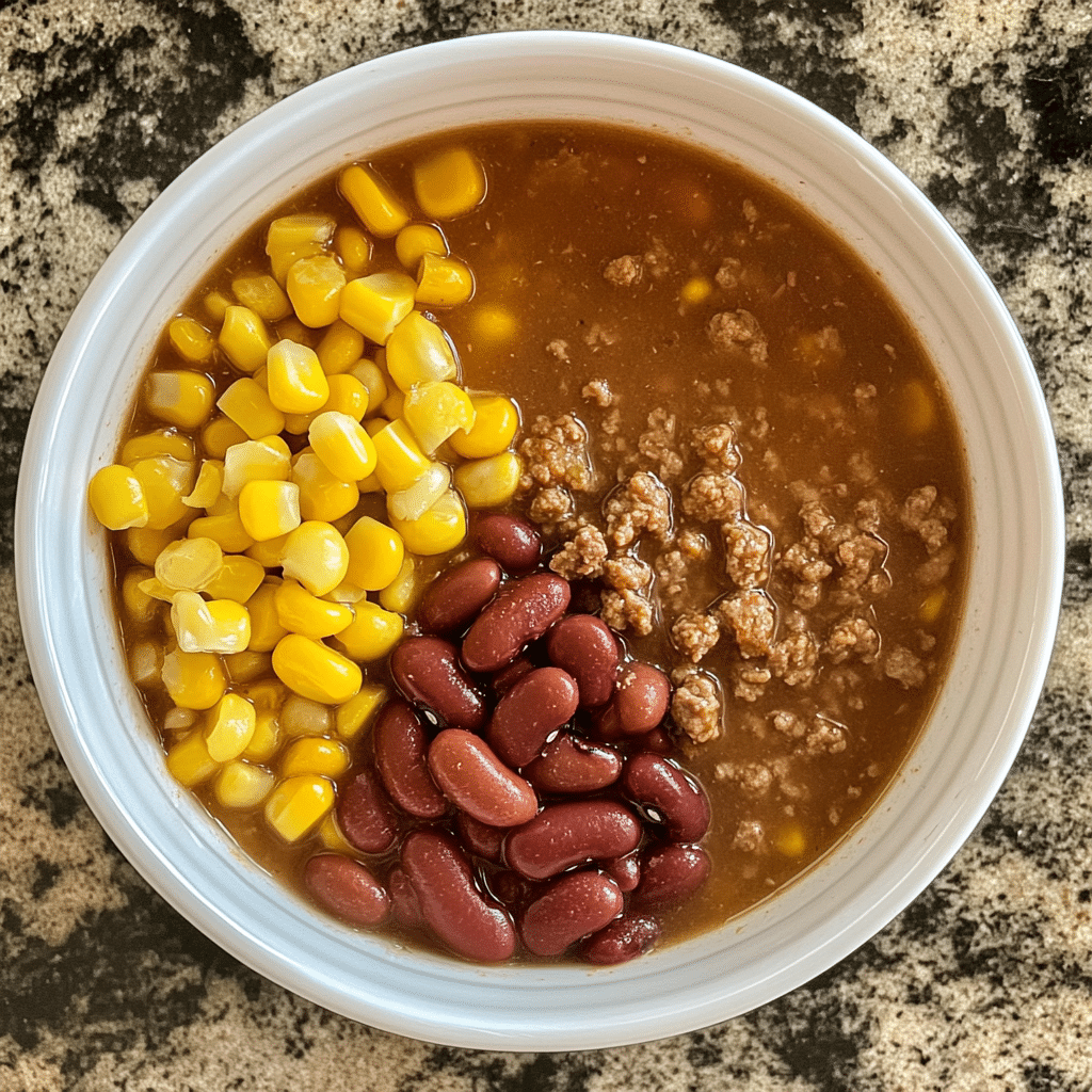 Ingredients for taco soup including ground beef, beans, corn, and taco seasoning