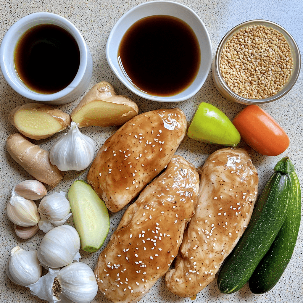 Ingredients for teriyaki chicken including soy sauce, honey, garlic, and sesame oil
