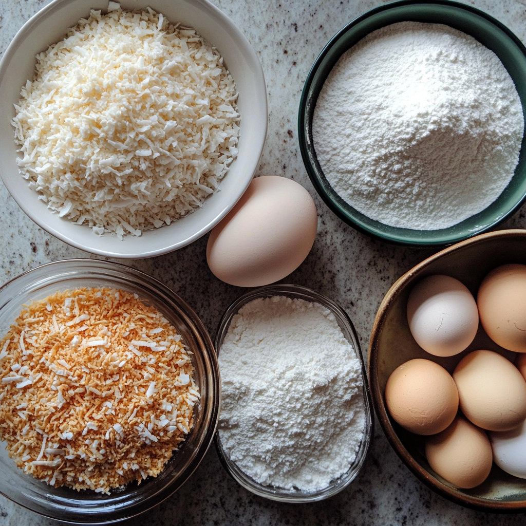 Overhead view of ingredients for making toasted coconut cake
