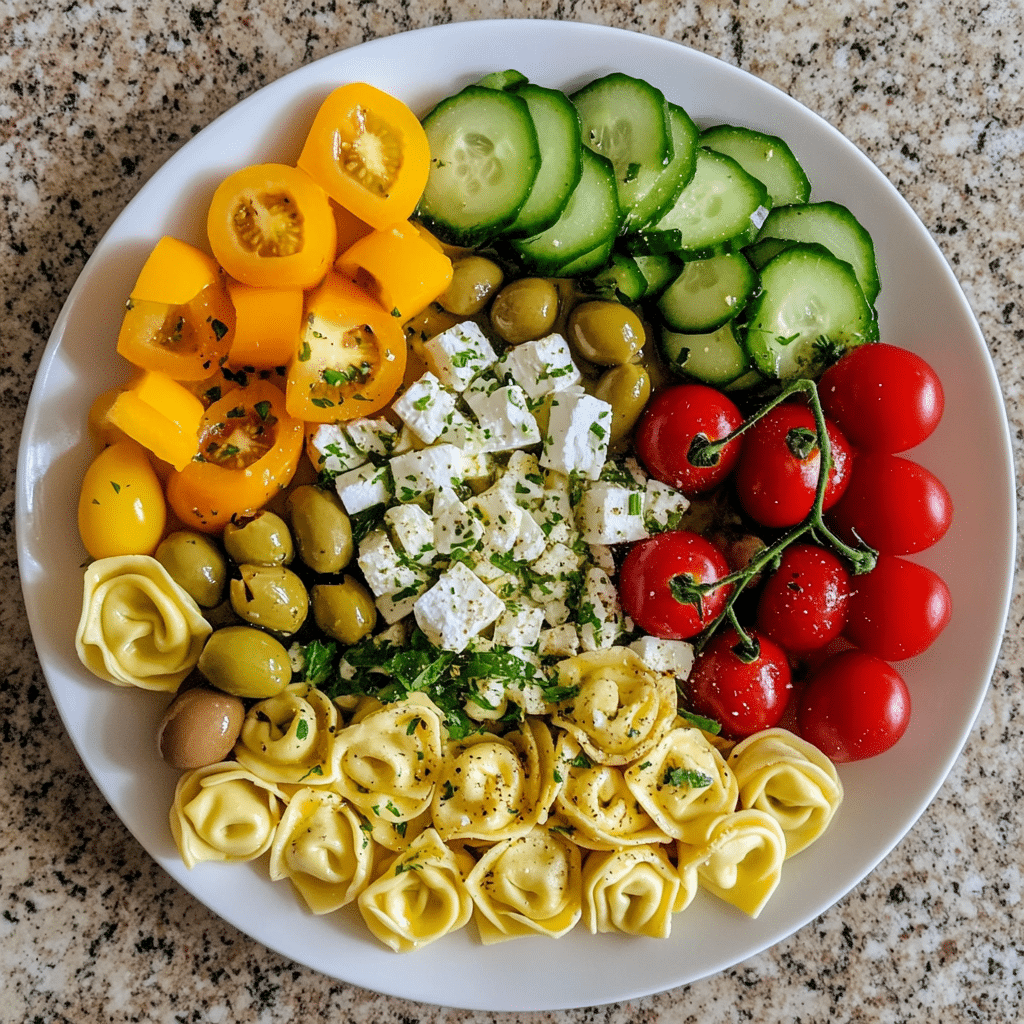 Ingredients for tortellini salad including fresh veggies, feta cheese, olives, and tortellini
