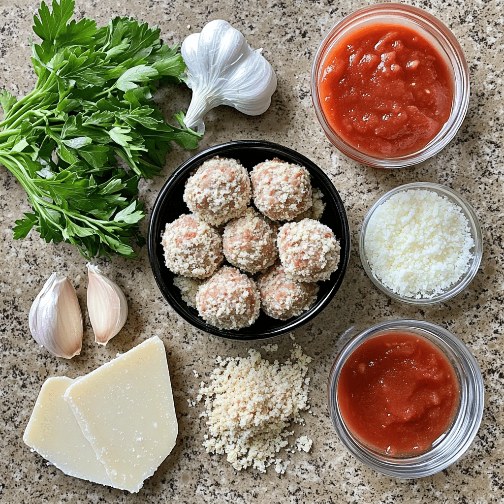 Ingredients for turkey meatballs including ground turkey, breadcrumbs, garlic, and Parmesan cheese