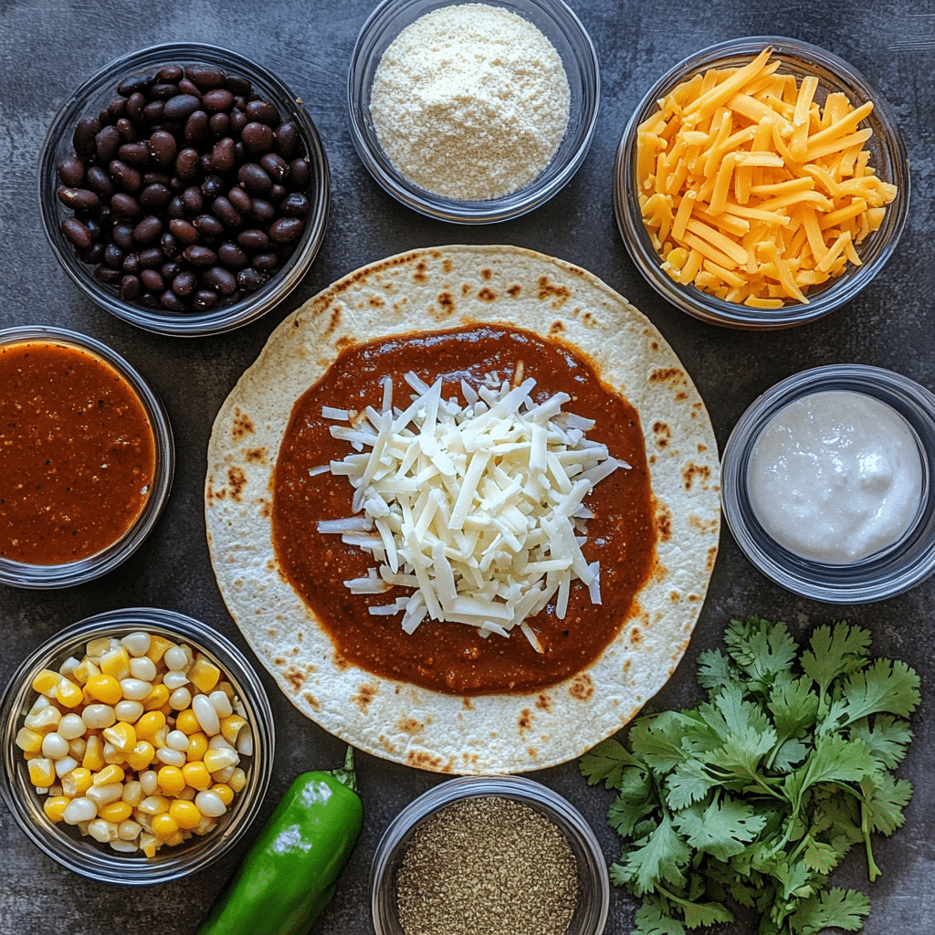 Ingredients for vegetarian enchiladas including tortillas, black beans, corn, cheese, and enchilada sauce