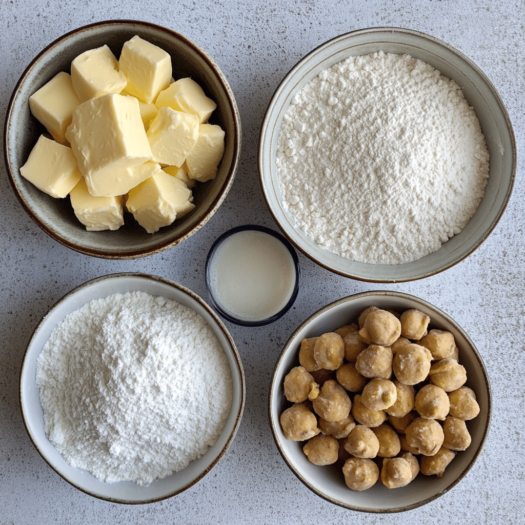 Overhead view of ingredients for making white chocolate macadamia nut cookies