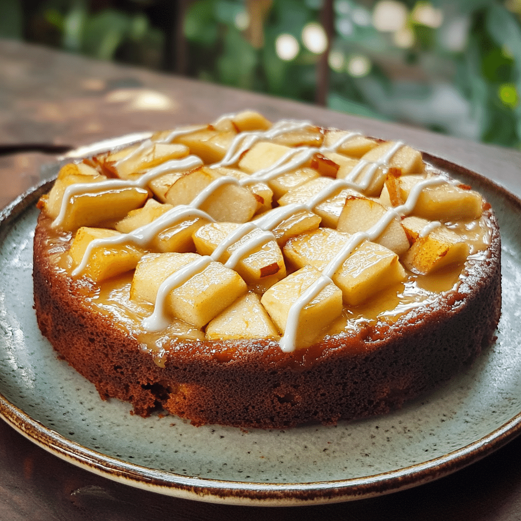 Irish apple cake with vanilla sauce drizzled on top