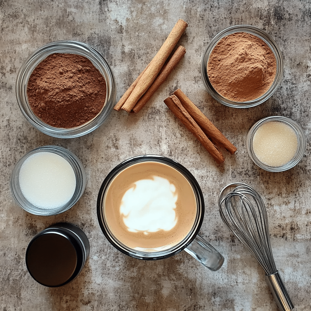 ingredients for irish coffee style drink including coffee cream brown sugar vanilla and cocoa