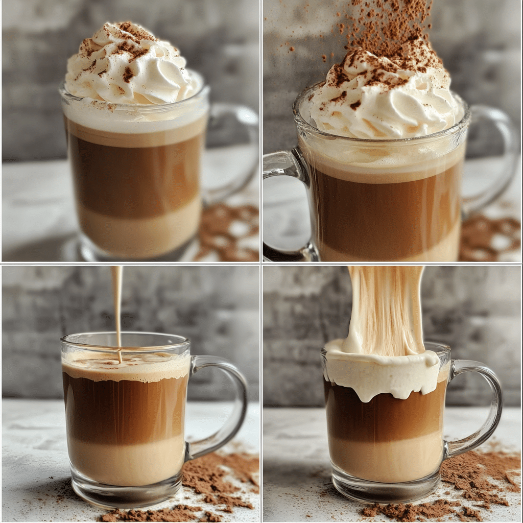 four panel collage showing steps to make irish coffee style drink