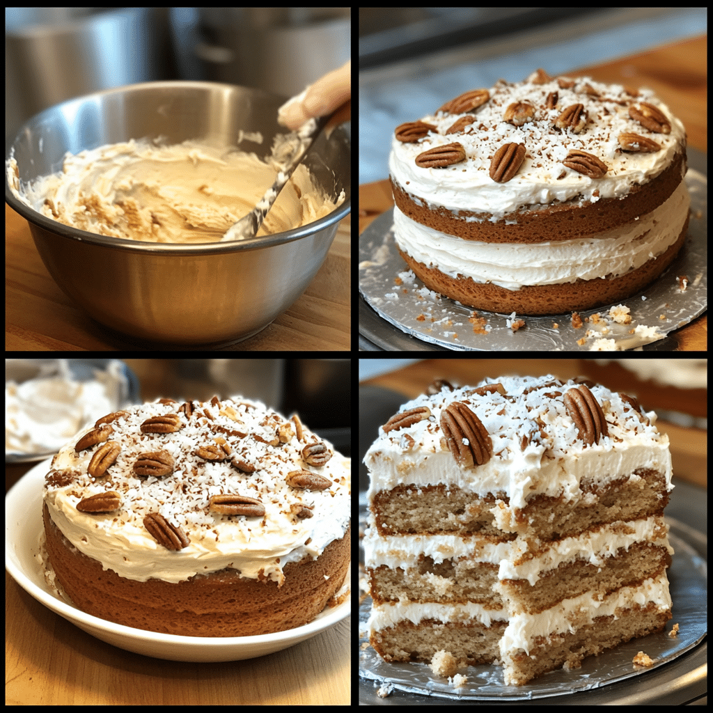 Four-panel collage showing the process of making Italian cream cake