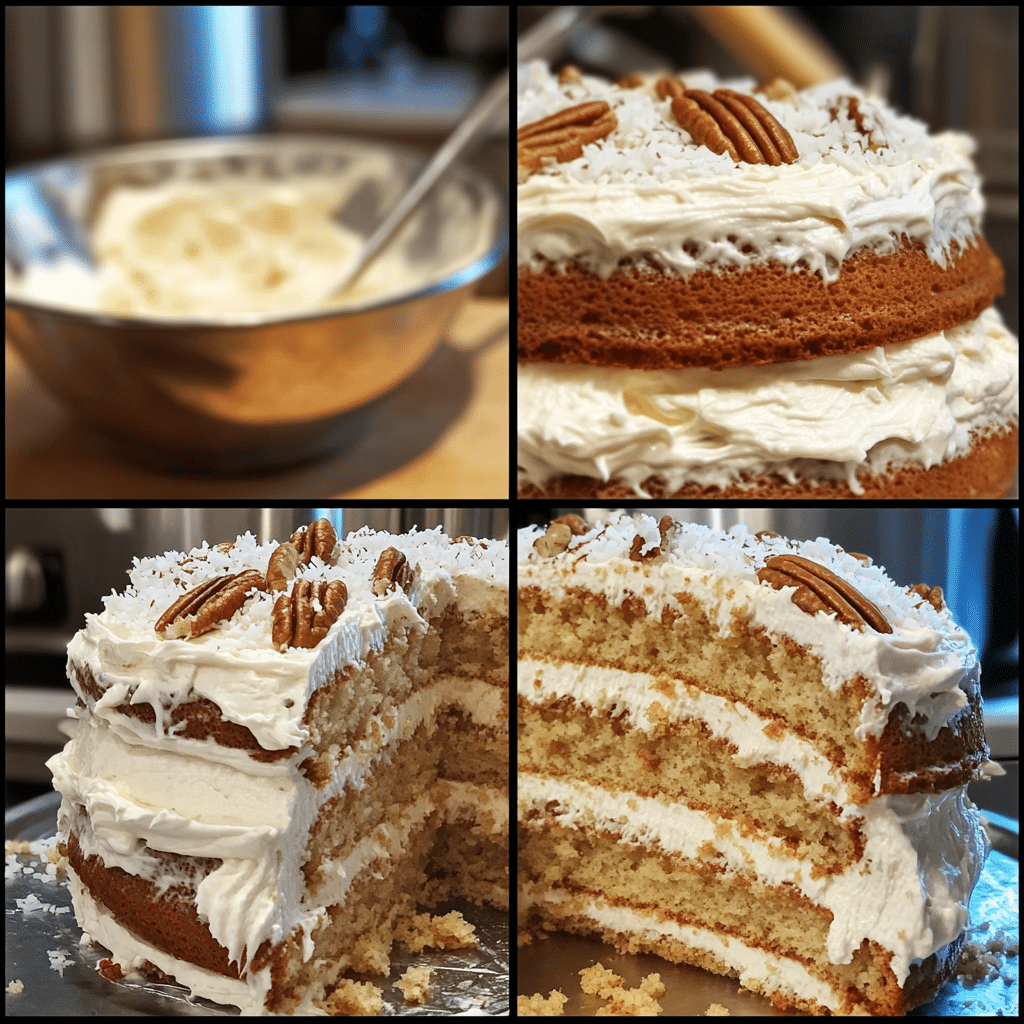 Four-panel collage showing the process of making Italian cream cake