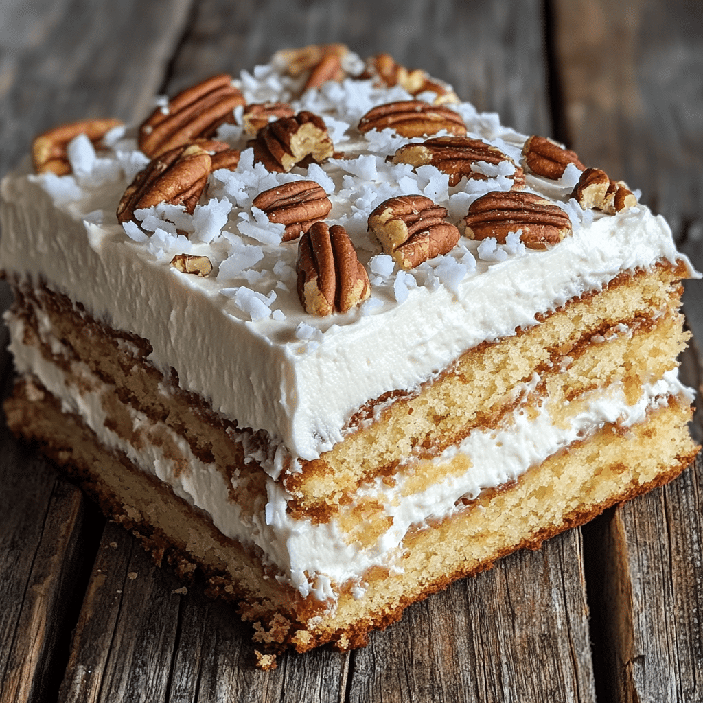 Close-up of Italian cream cake with cream cheese frosting, pecans, and coconut