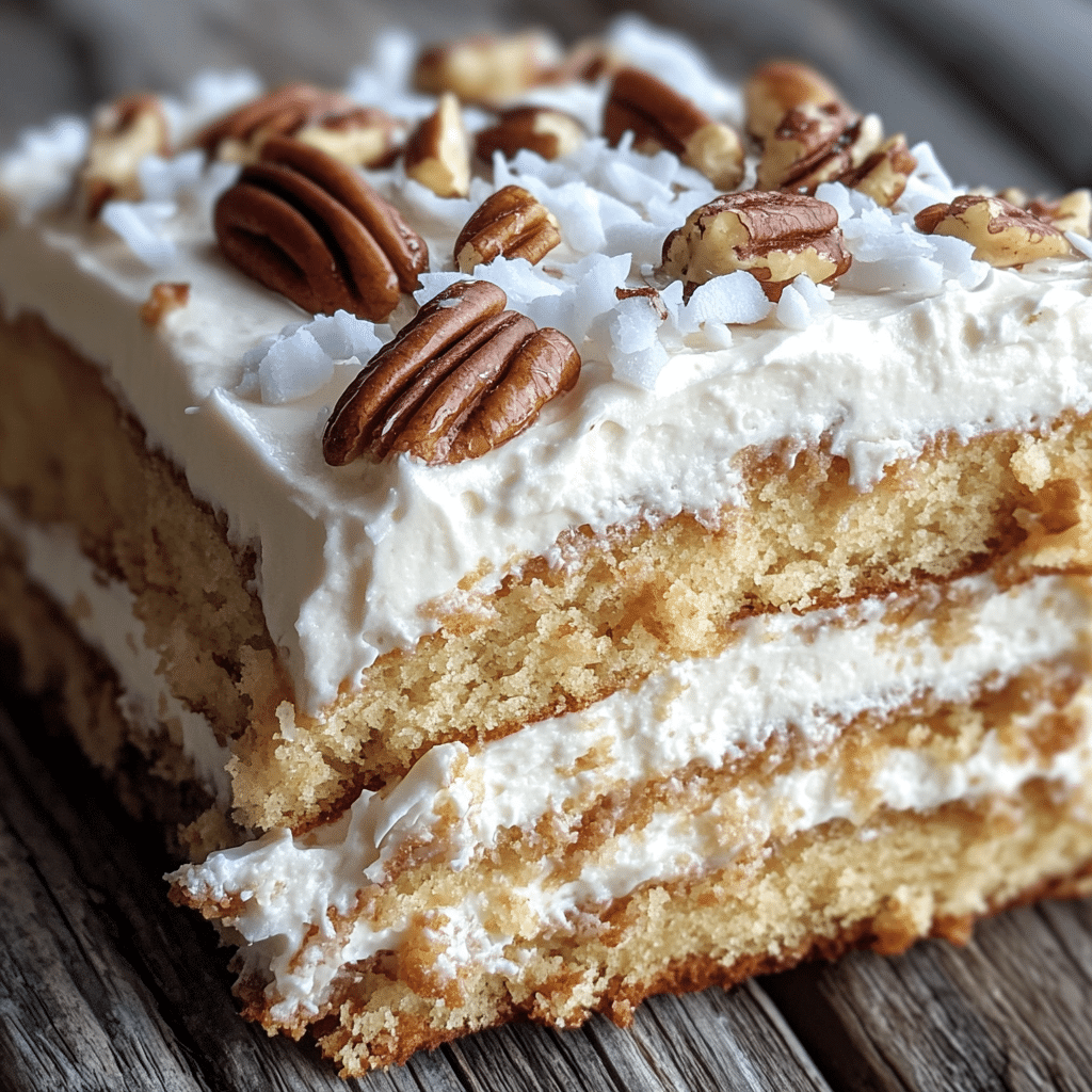 Close-up of Italian cream cake with cream cheese frosting, pecans, and coconut