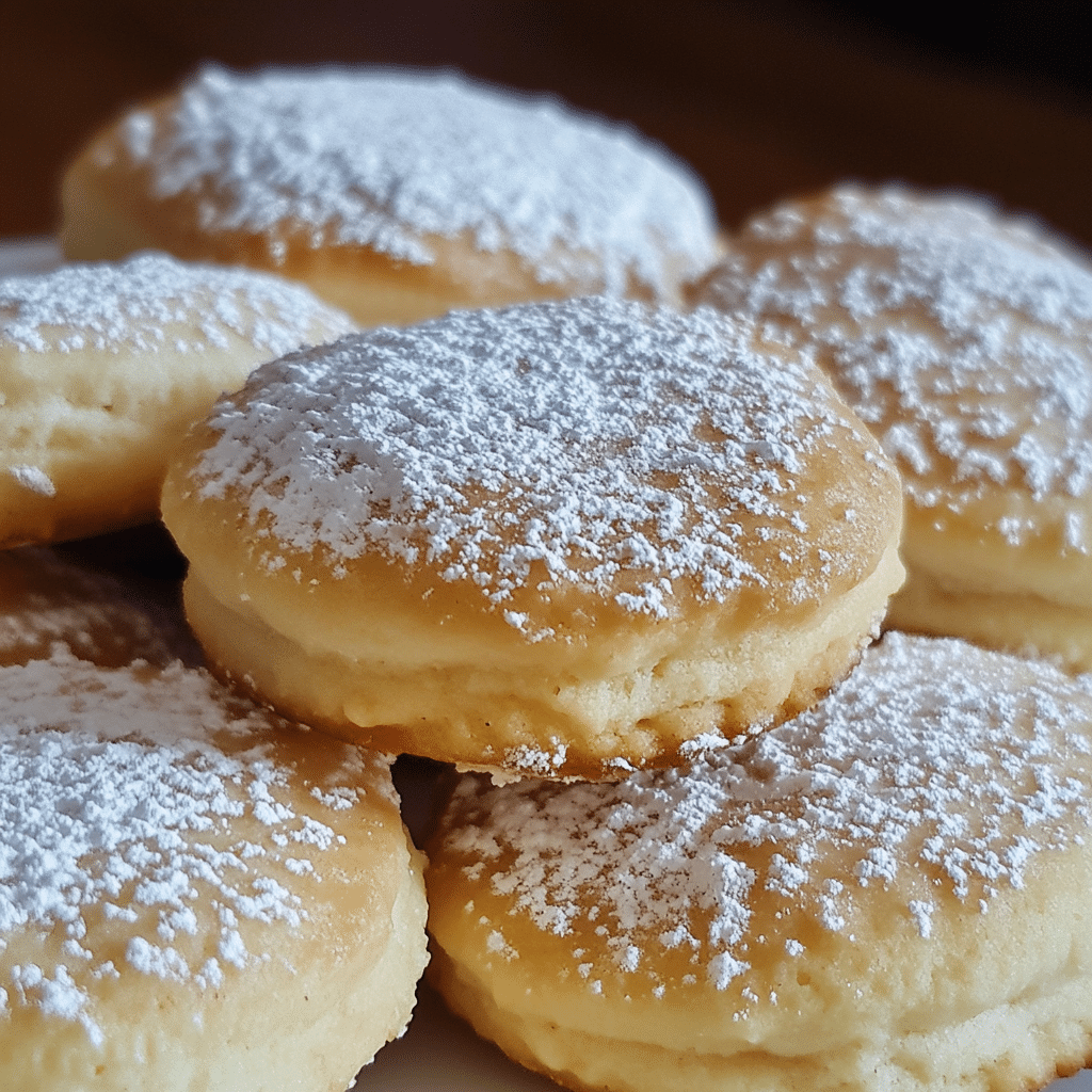 Close-up of kahk cookies, golden brown and dusted with powdered sugar