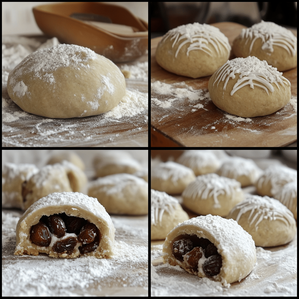 Four-panel collage showing the process of making kahk Eid cookies