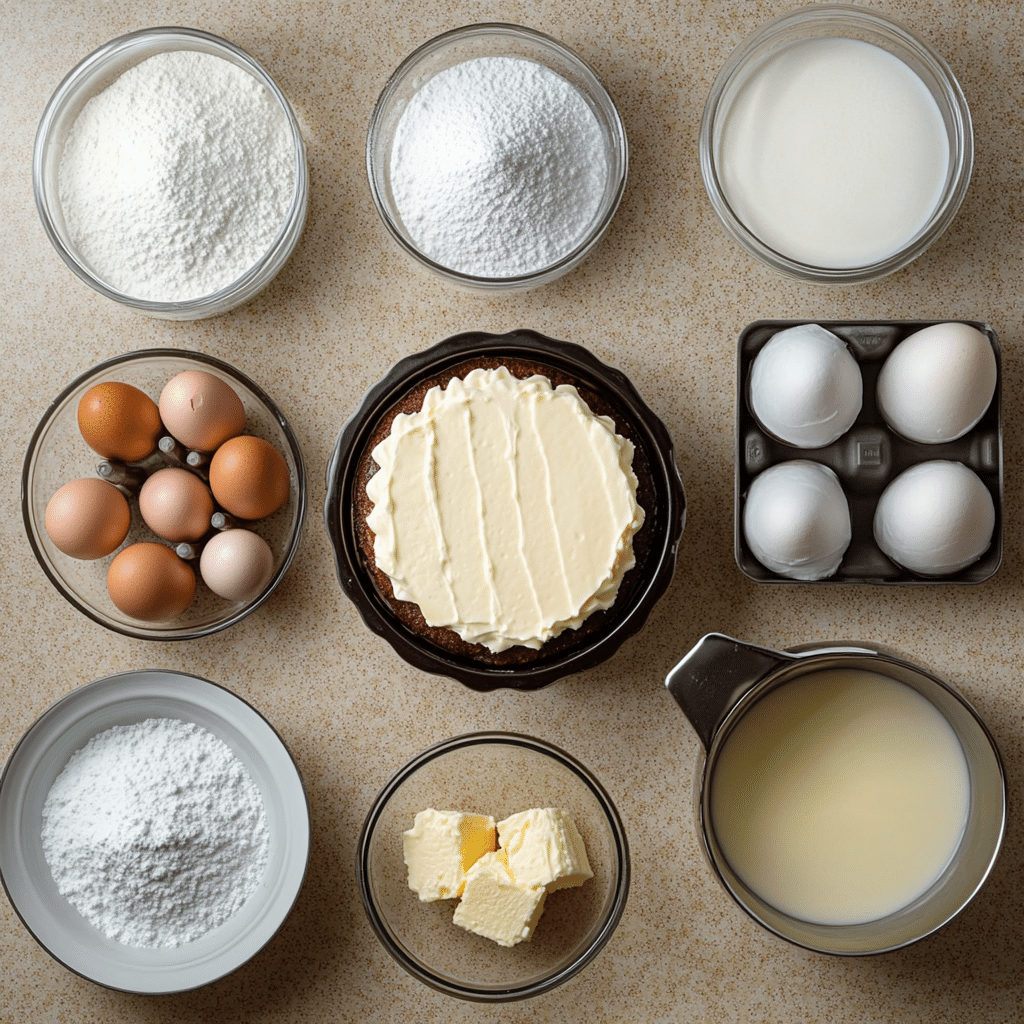 ingredients for kentucky butter cake including flour sugar butter eggs sour cream milk vanilla and bundt pan