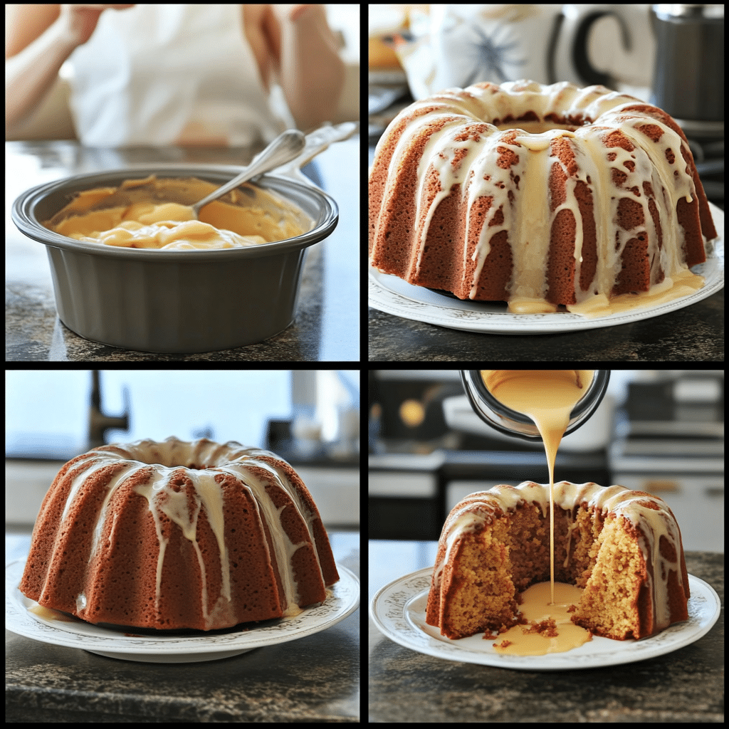 four panel collage showing steps to make kentucky butter cake
