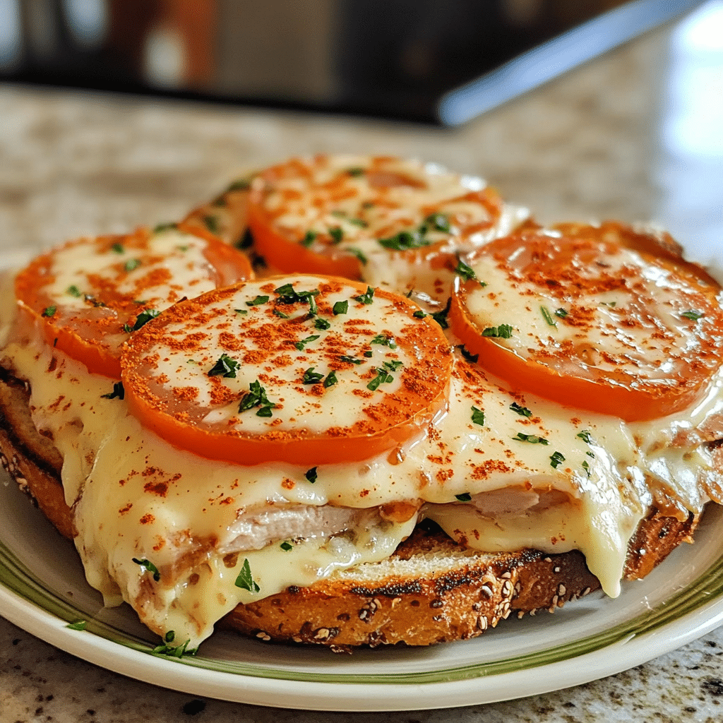 open faced hot brown sandwich with turkey tomato and creamy cheese sauce