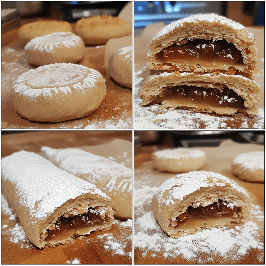 Four-panel collage showing the process of making kleicha date cookies