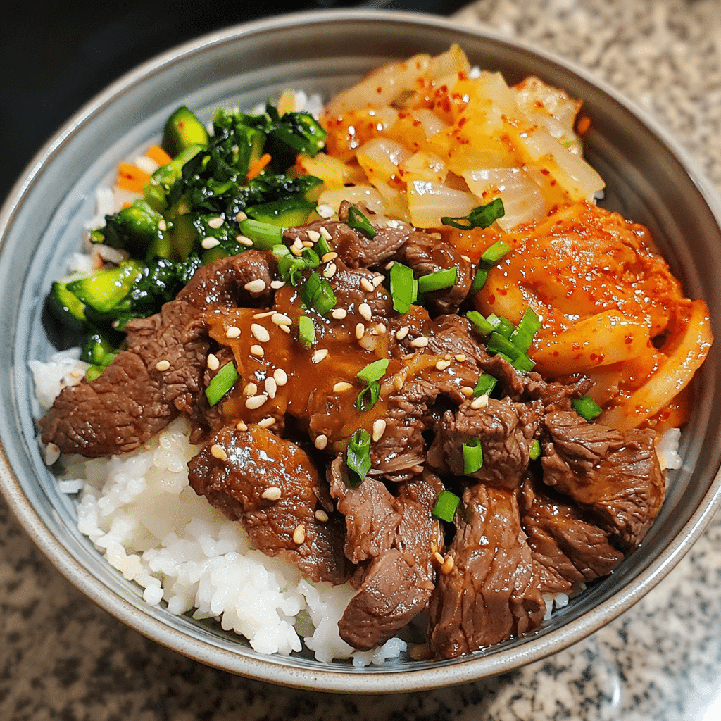 Korean beef bowls with beef, vegetables, and rice