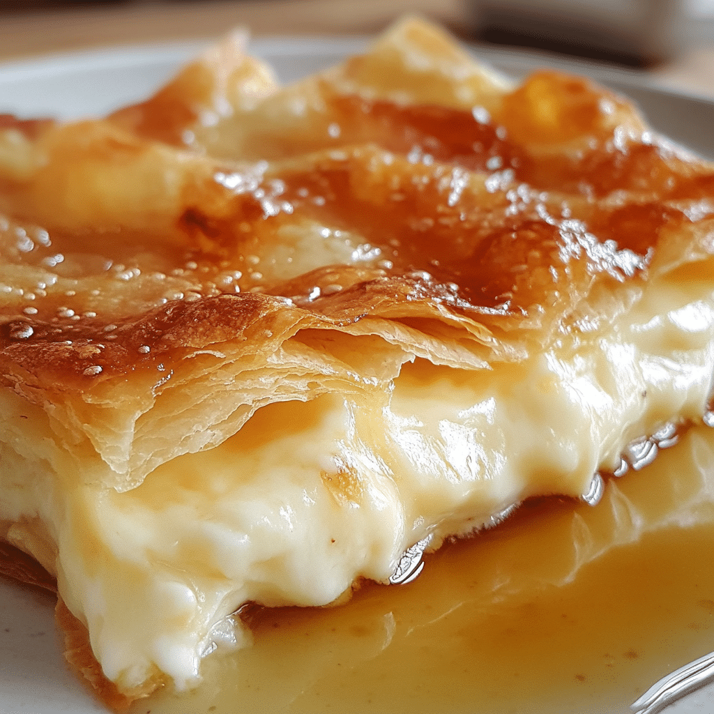 Close-up of kunafa with crispy golden layers, cheese filling, and syrup drizzle