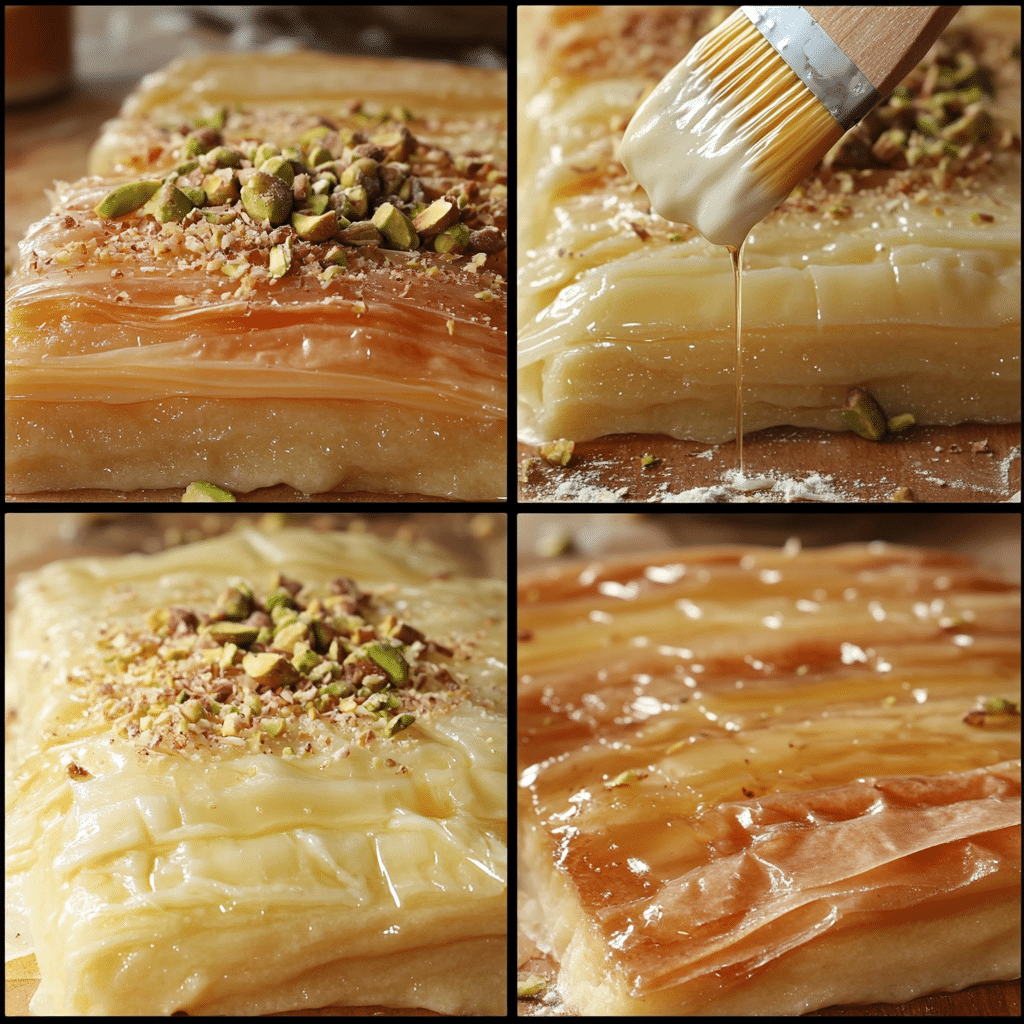 Four-panel collage showing the process of making kunafa cheese pastry