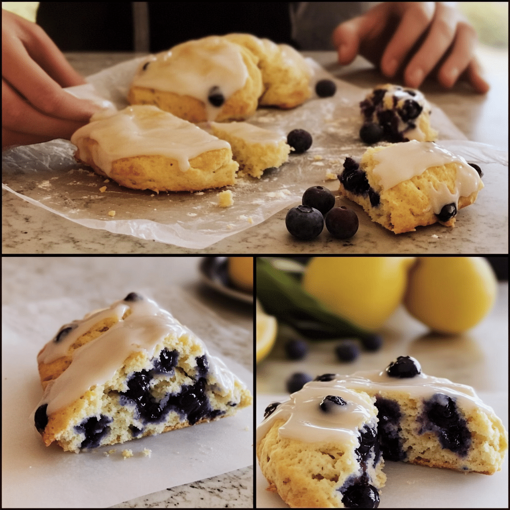 Four-panel collage showing the process of making lemon blueberry scones