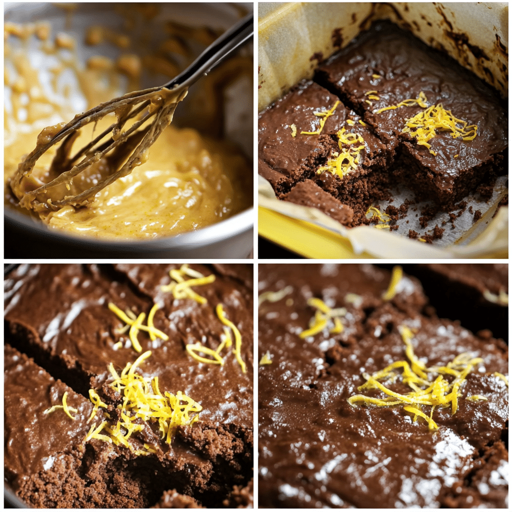 Four-panel collage showing mixing lemon batter, spreading in pan, cooling baked bars, and glazing lemon brownies