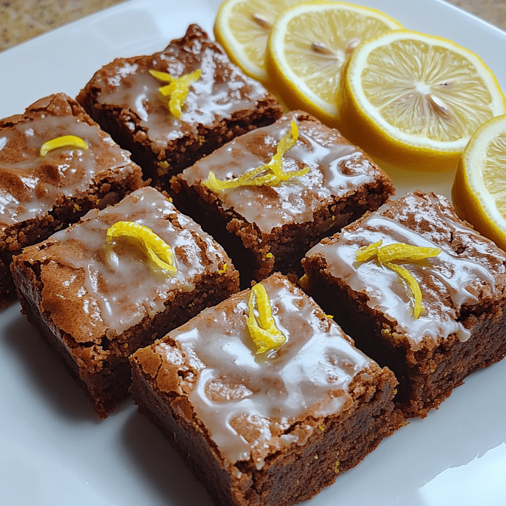 Lemon brownies cut into squares with lemon glaze and lemon zest