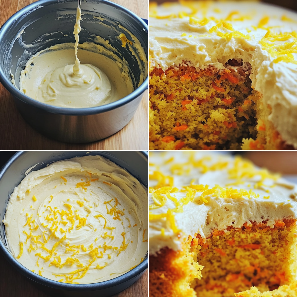 Four-panel collage showing the process of making lemon carrot cake