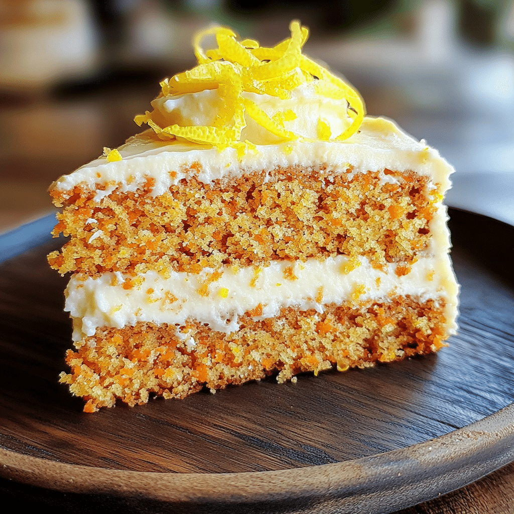 Close-up of a slice of lemon carrot cake with lemon cream cheese frosting