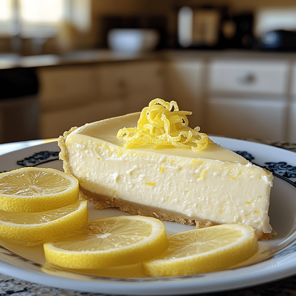 Lemon cheesecake with lemon zest and slices as garnish