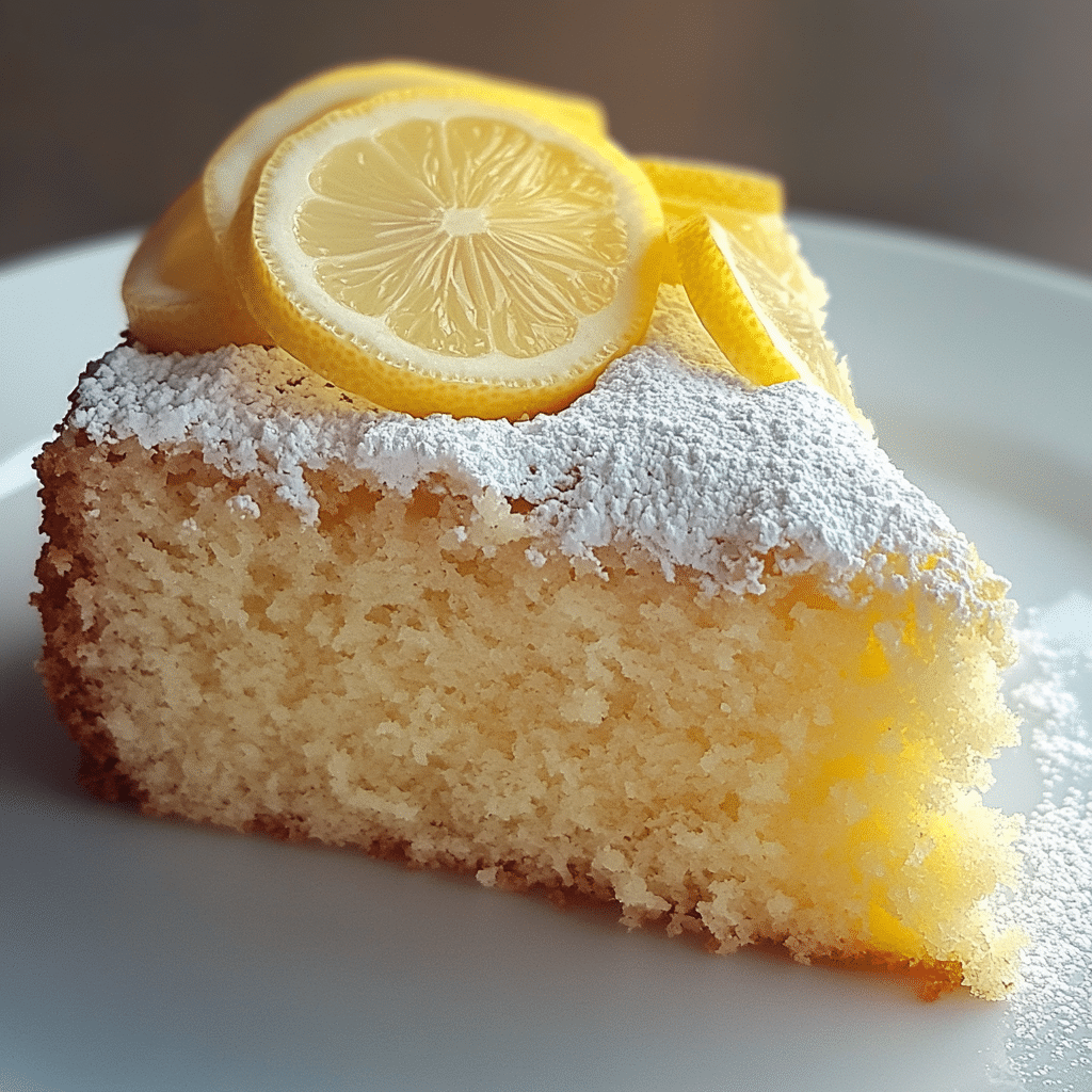 Slice of lemon chiffon cake with powdered sugar and lemon slices
