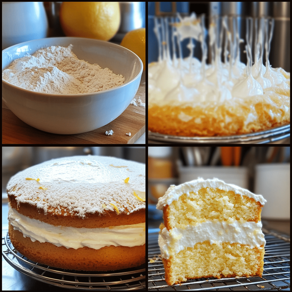 Four-panel collage of lemon chiffon cake recipe steps