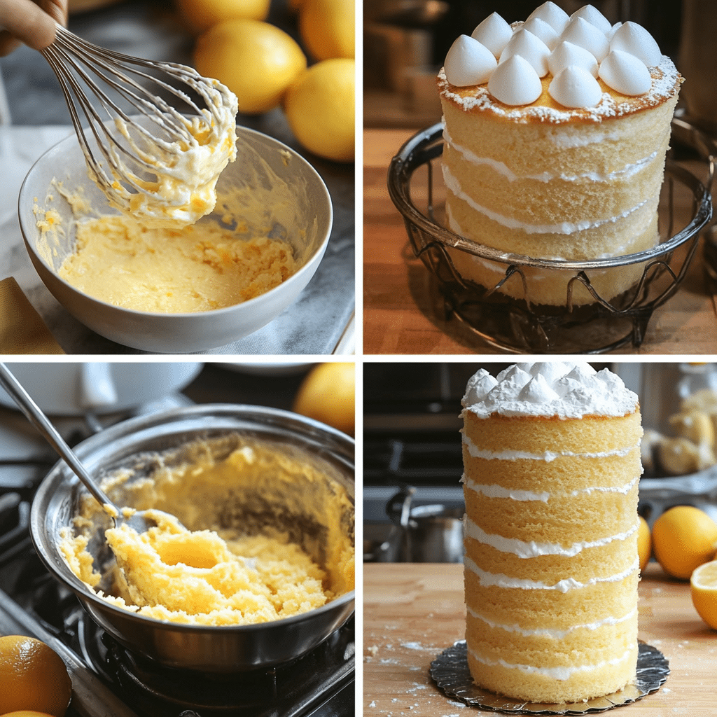 Four-panel collage showing lemon batter, whipped egg whites, folding, and chiffon cake cooling upside down