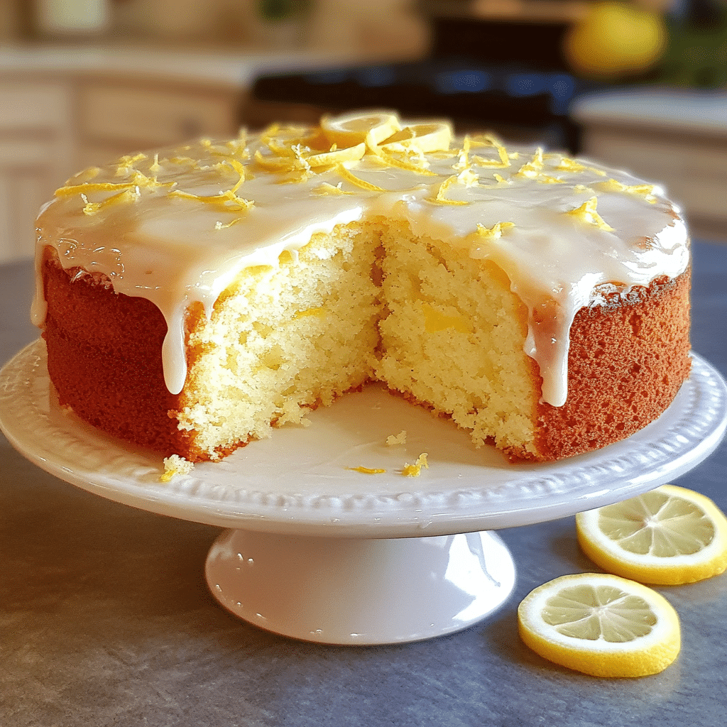 Lemon chiffon cake with lemon glaze and lemon zest, sliced to show fluffy crumb