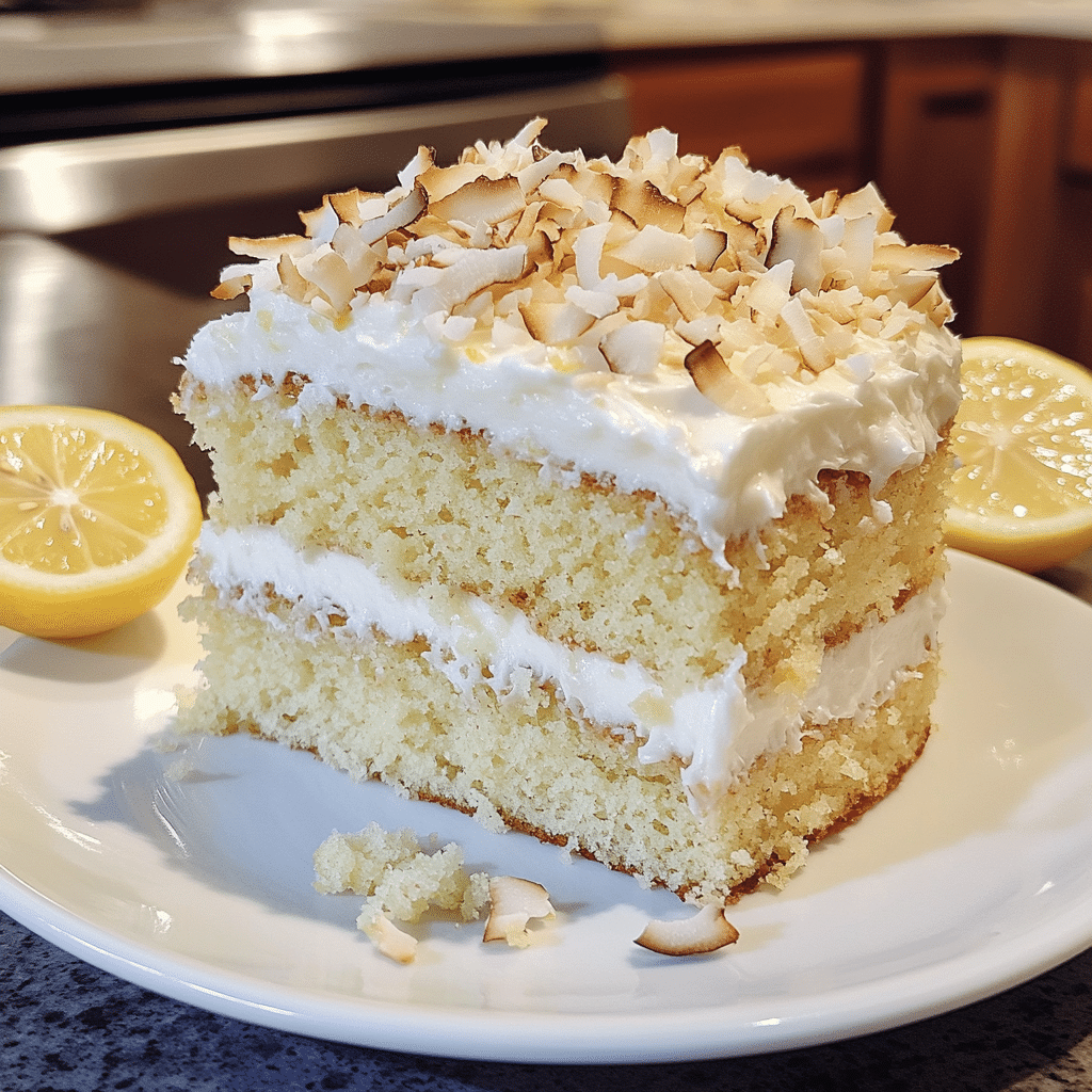 Slice of lemon coconut cake with lemon frosting and coconut flakes