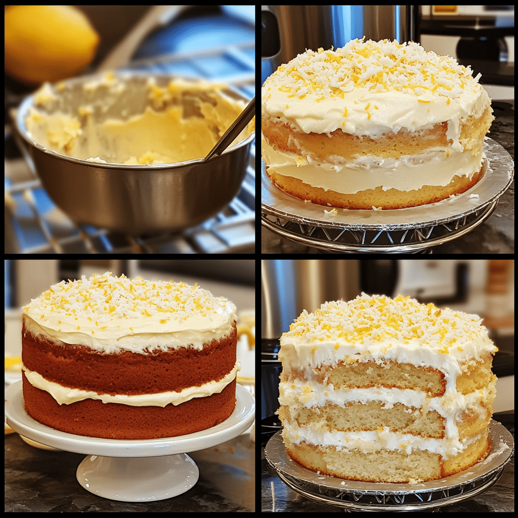 Four-panel collage showing mixing batter, filling pans, cooling cake layers, and frosted lemon coconut cake