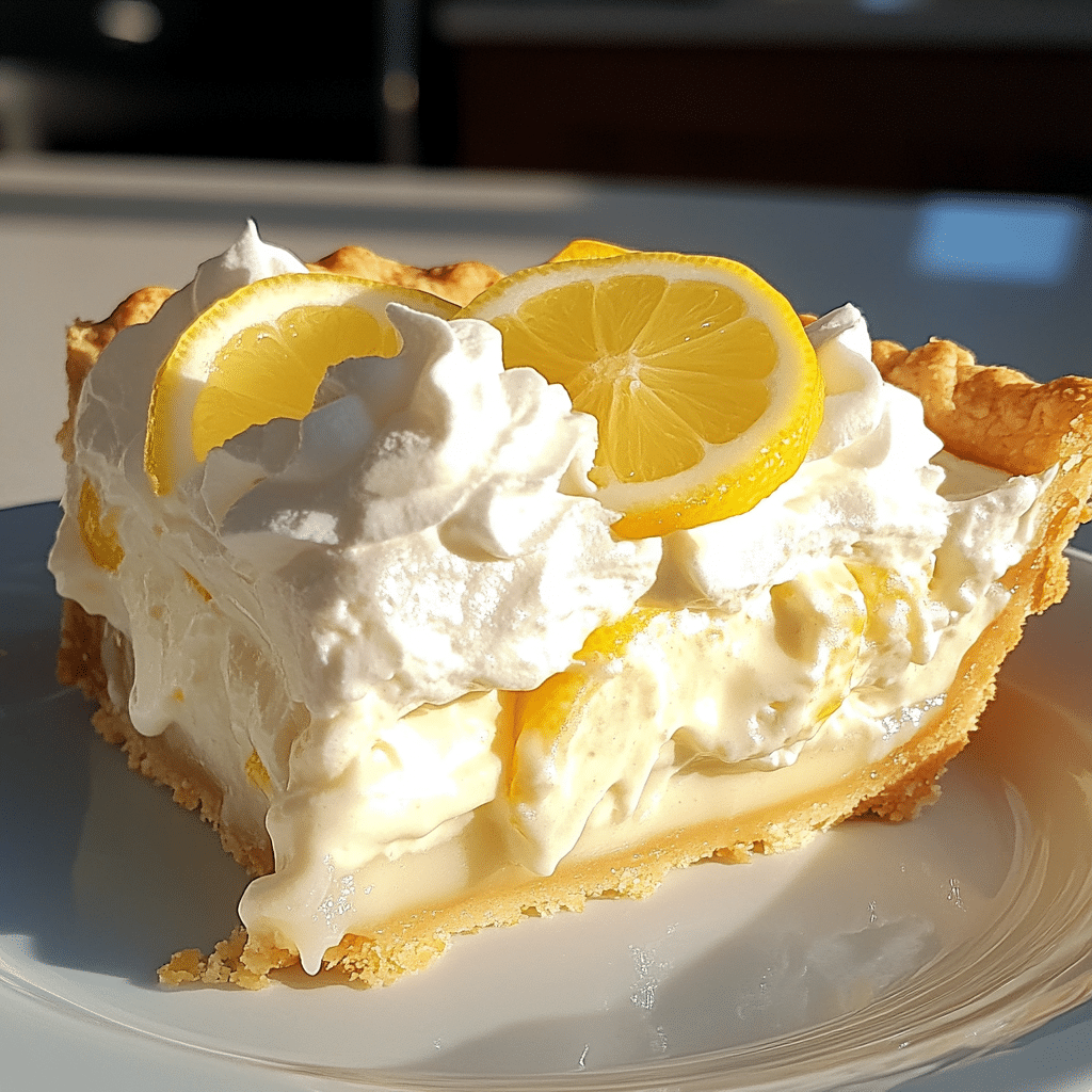 Slice of lemon cream pie with lemon slices and whipped cream topping