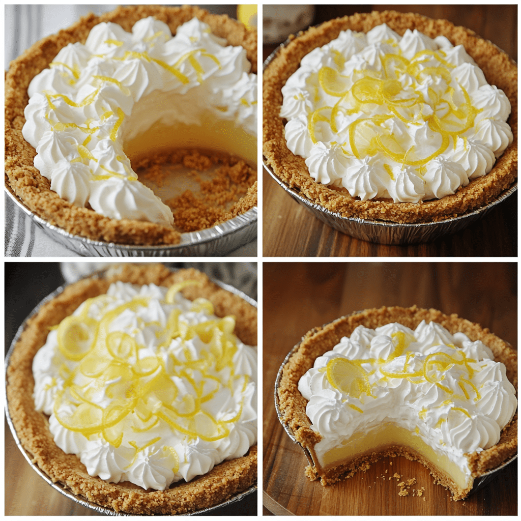 Four-panel collage showing the steps to making lemon cream pie from crust to finished pie