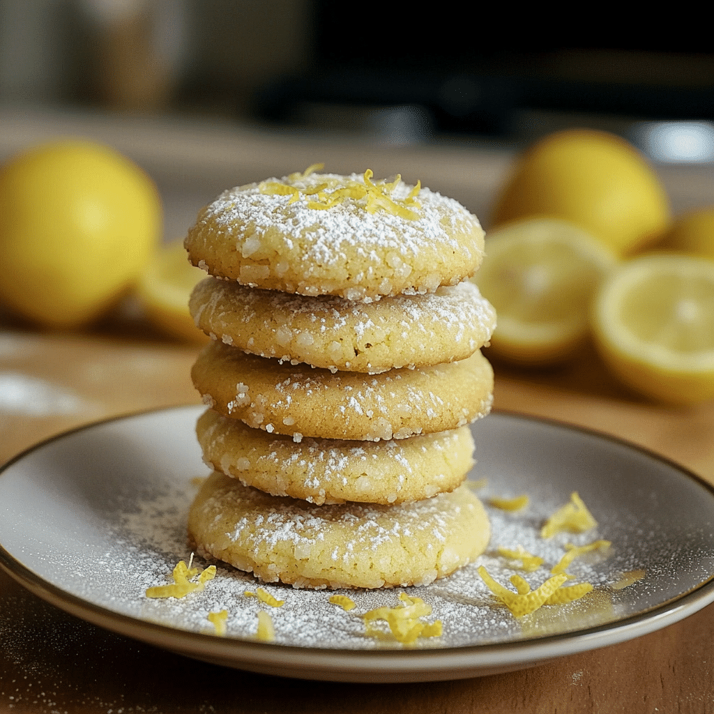 Lemon drop cookies stacked on a plate with powdered sugar and lemon zest