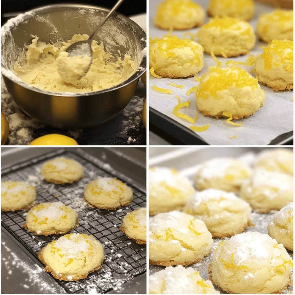 Four-panel collage showing dough mixing, sugar rolling, baking tray, and finished lemon cookies