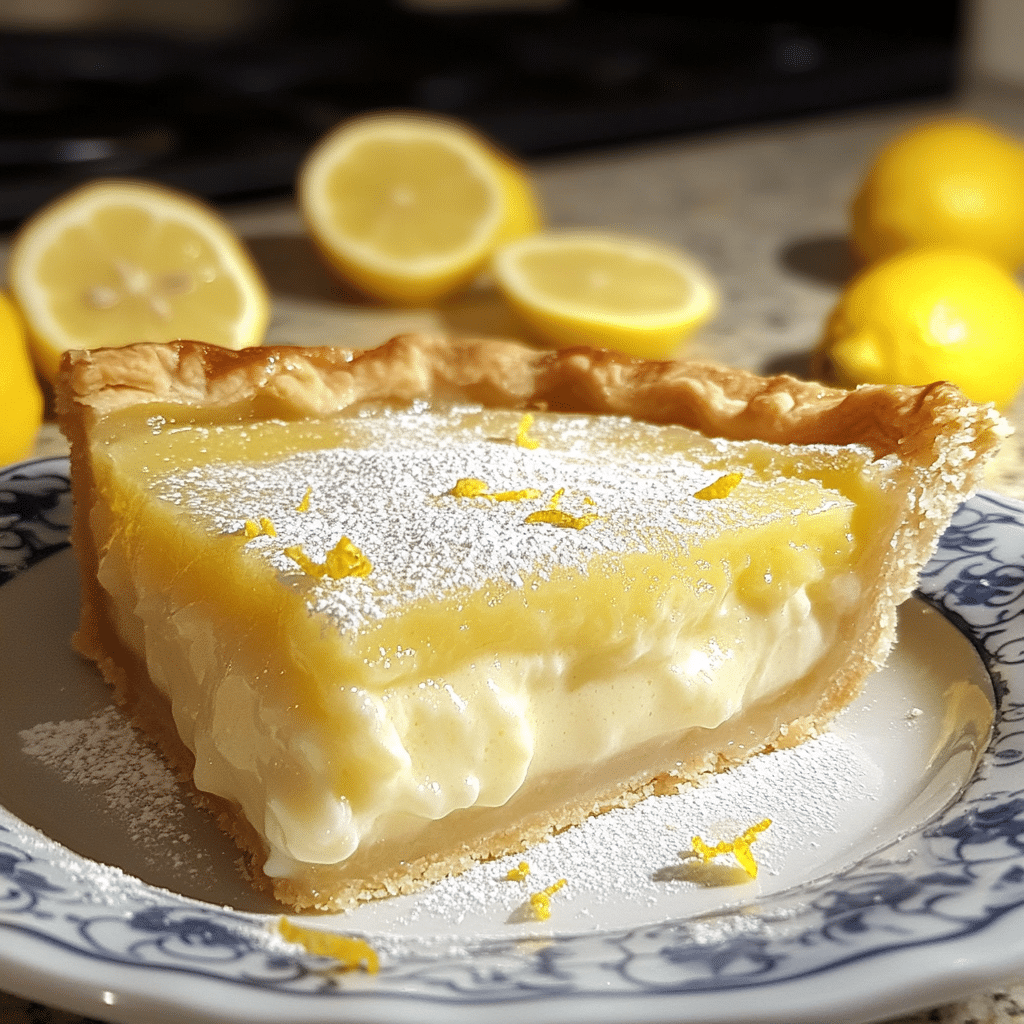 Slice of lemon impossible pie with creamy custard and golden top on a plate