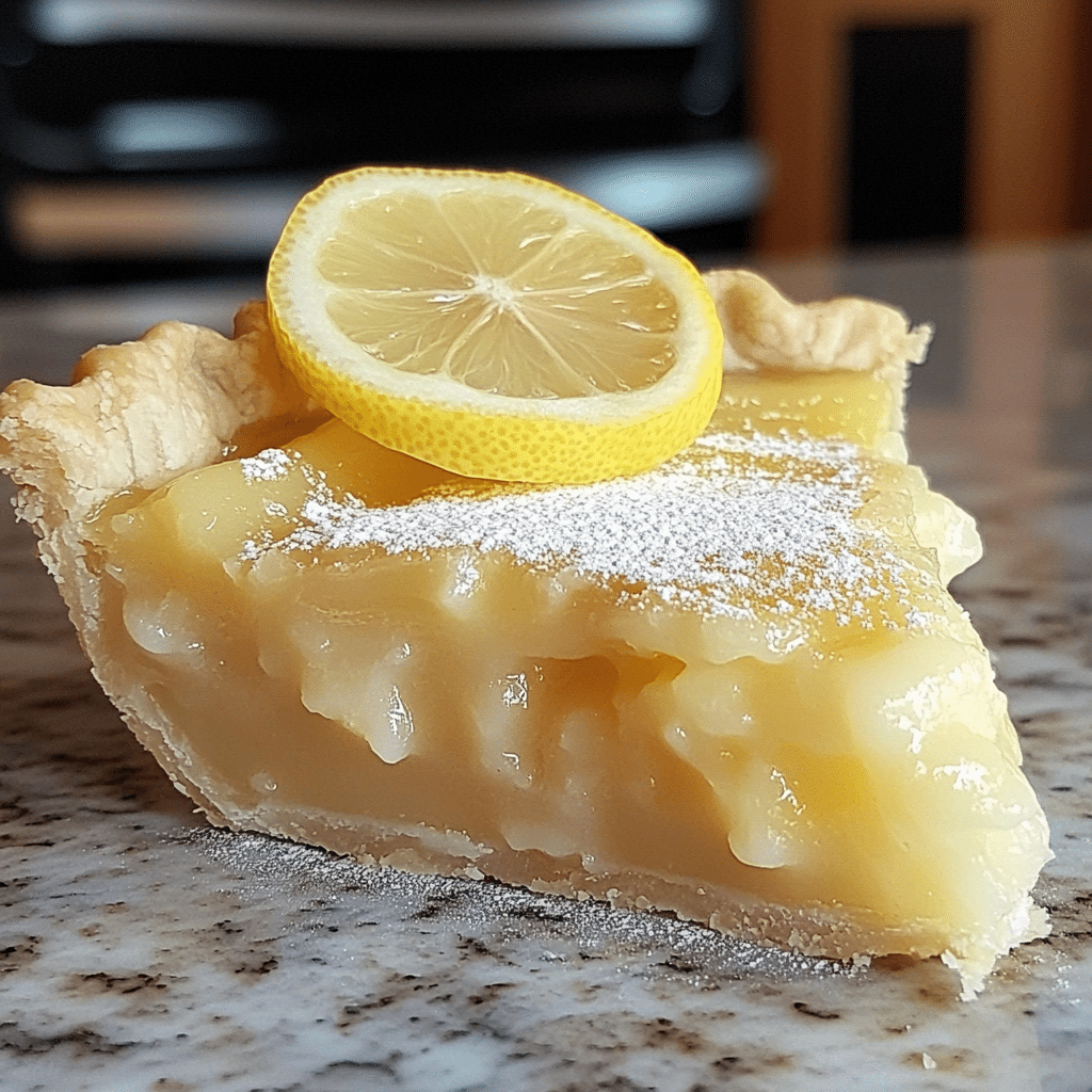 Slice of lemon impossible pie with powdered sugar