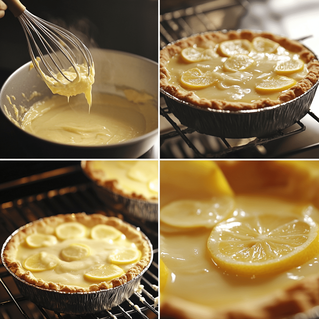 Four-panel collage showing the steps to making lemon impossible pie from mixing to baking