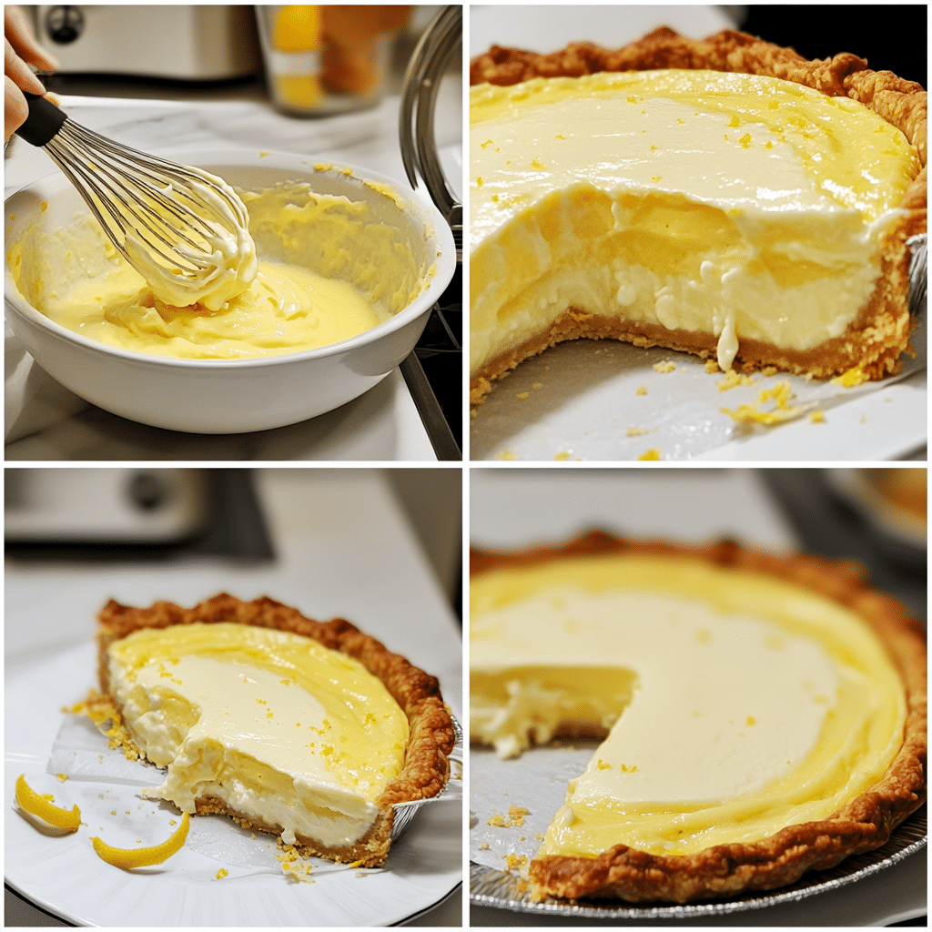 Four-panel collage showing whisking batter, pouring into pie dish, baked pie cooling, and sliced lemon impossible pie