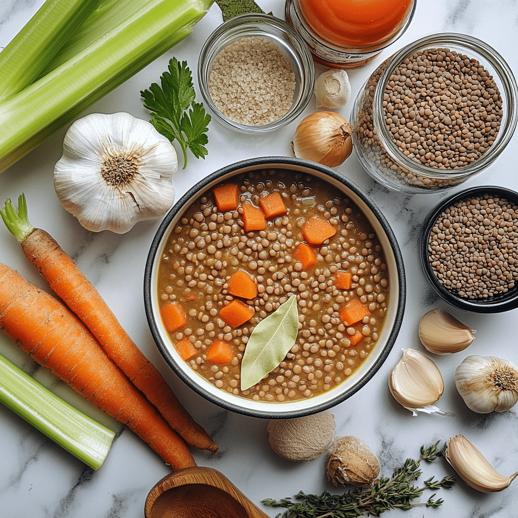 ingredients for lentil soup including lentils carrots celery onion garlic tomatoes broth and spices
