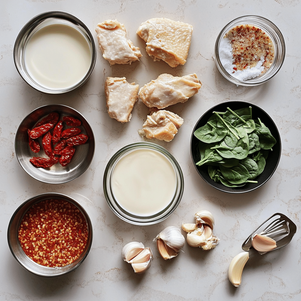 ingredients for marry me chicken including chicken cream broth sun dried tomatoes garlic parmesan and spinach