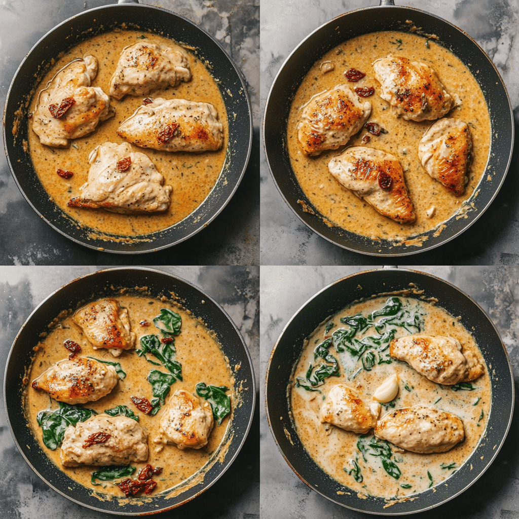 four panel collage showing steps to make marry me chicken